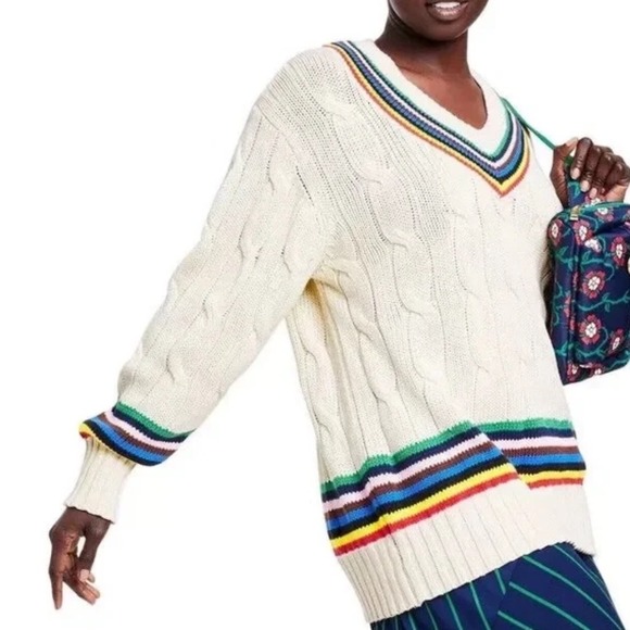 Rowing Blazers Sweaters - Rowing Blazers x Target Cream Cable Knit V Neck Sweater Striped Trim Size S
